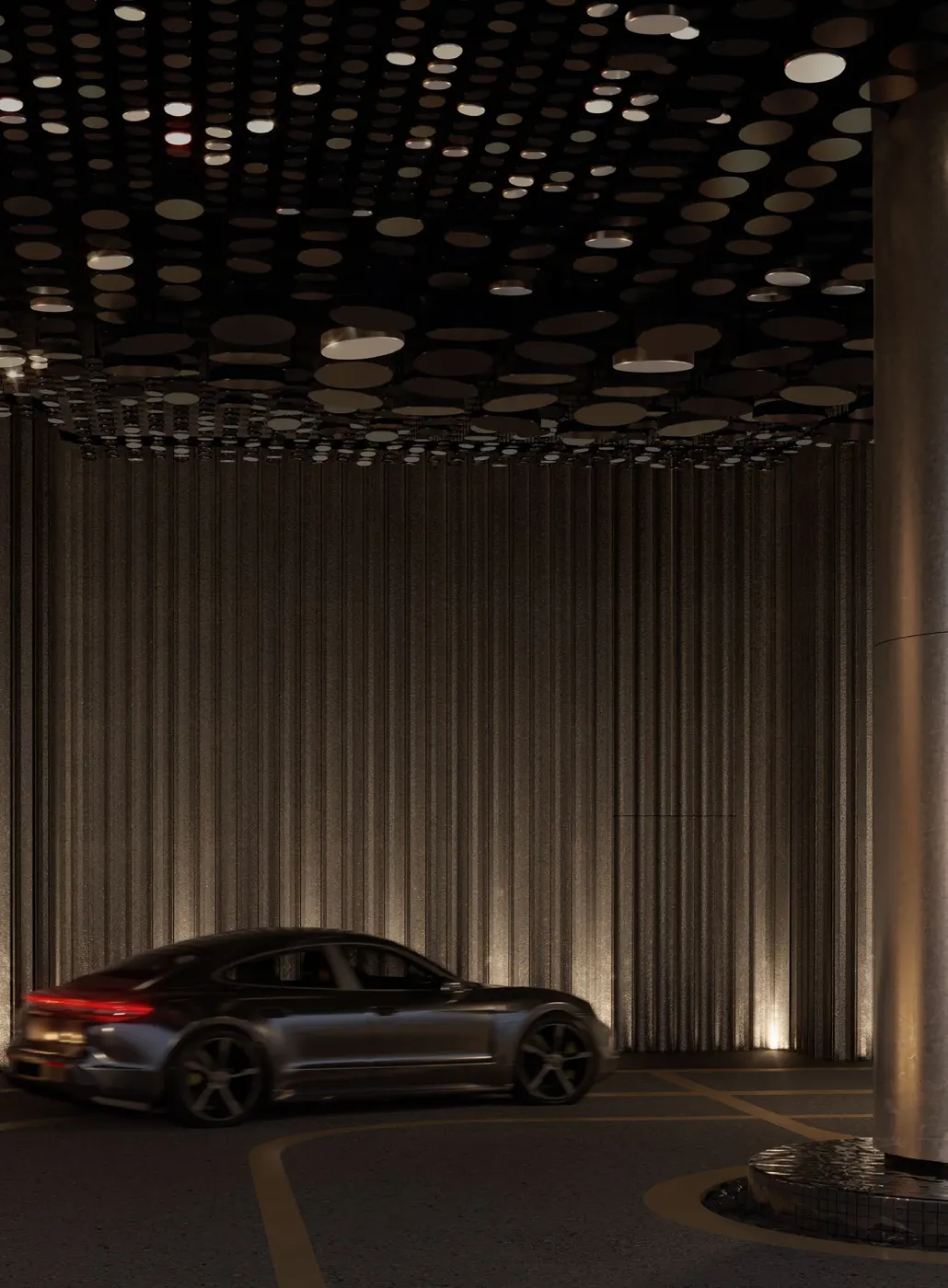 DIVINE KLCC grand drop-off with a car under a lit ceiling, artist's impression