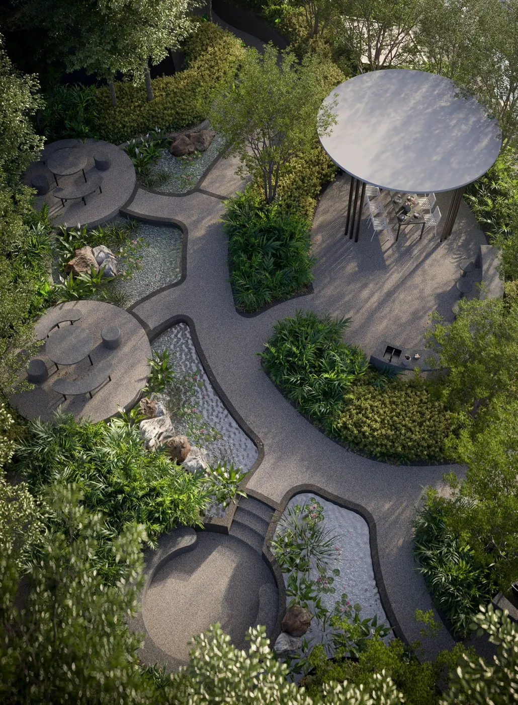 DIVINE KLCC forest garden seen from above, with winding paths and planting, artist's impression