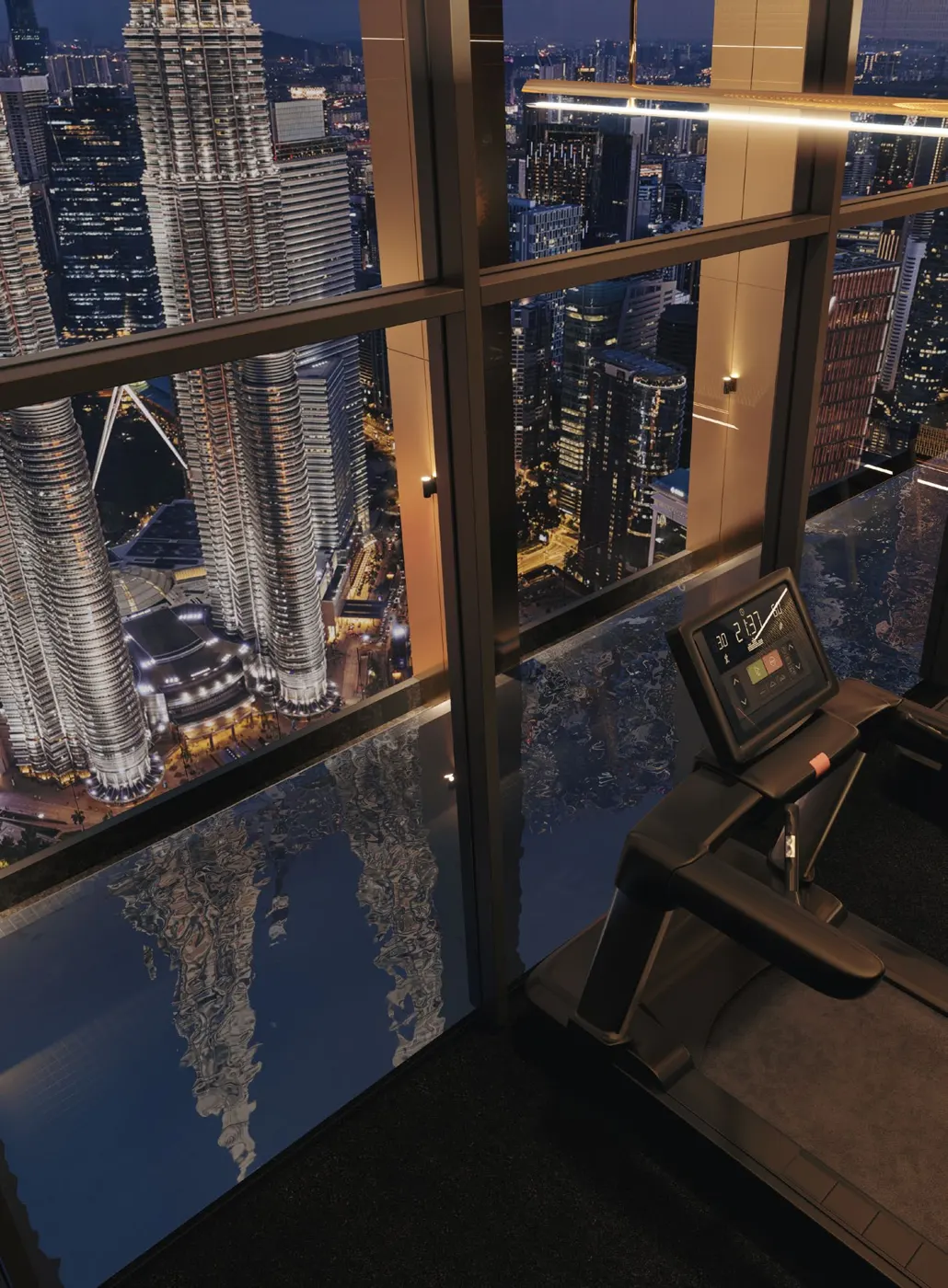 DIVINE KLCC gym with a treadmill by a window overlooking the Petronas Twin Towers at night, artist's impression