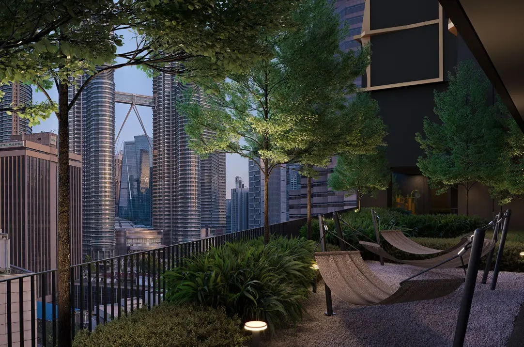 DIVINE KLCC hammock garden among trees at dusk, artist's impression