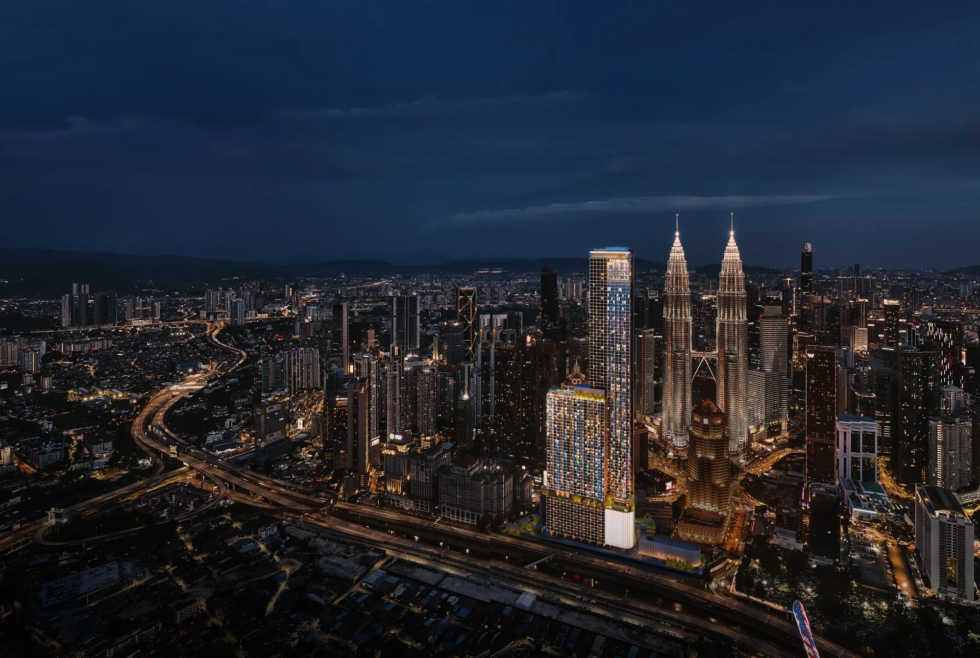 DIVINE KLCC tower beside the Petronas Twin Towers on the Kuala Lumpur skyline at night, artist's impression