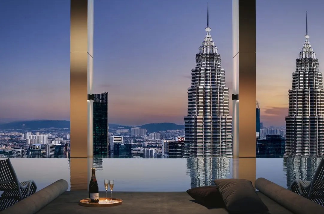 DIVINE KLCC infinity lap pool framing the Petronas Twin Towers at dusk, artist's impression