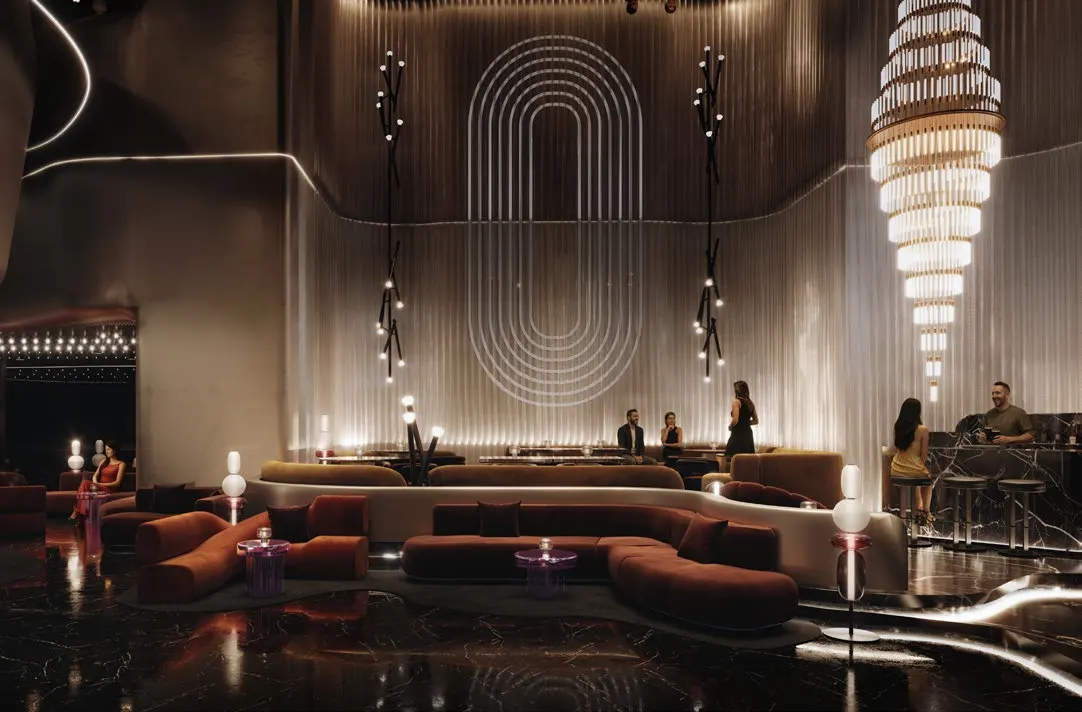 DIVINE KLCC lobby lounge with a crystal chandelier and curved sofas, artist's impression