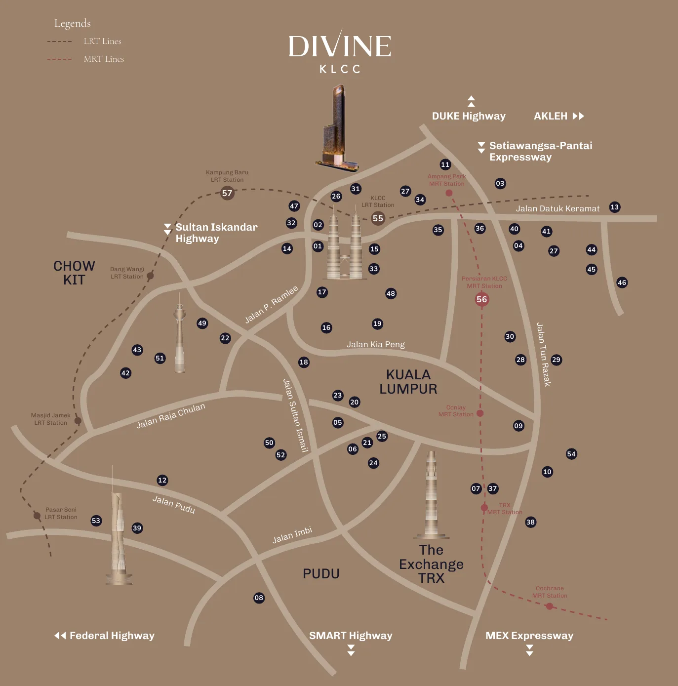 DIVINE KLCC location map showing KLCC, Kampung Baru, Chow Kit, Pudu, TRX, rail stations and highways