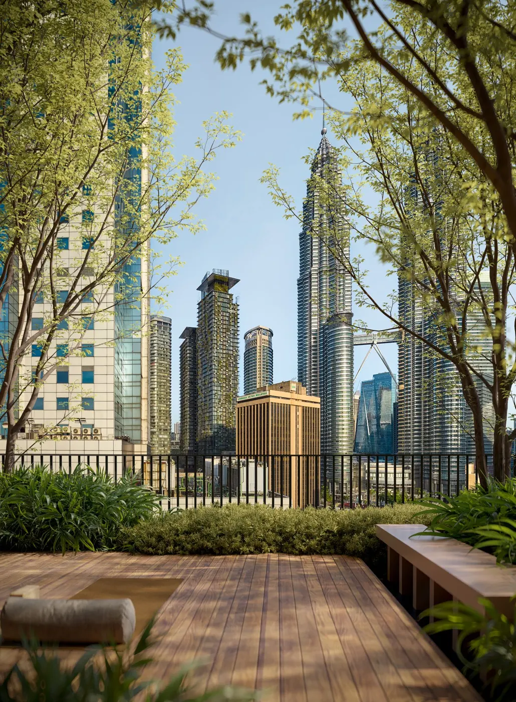 DIVINE KLCC meditation deck with timber decking and trees facing the Petronas Twin Towers, artist's impression
