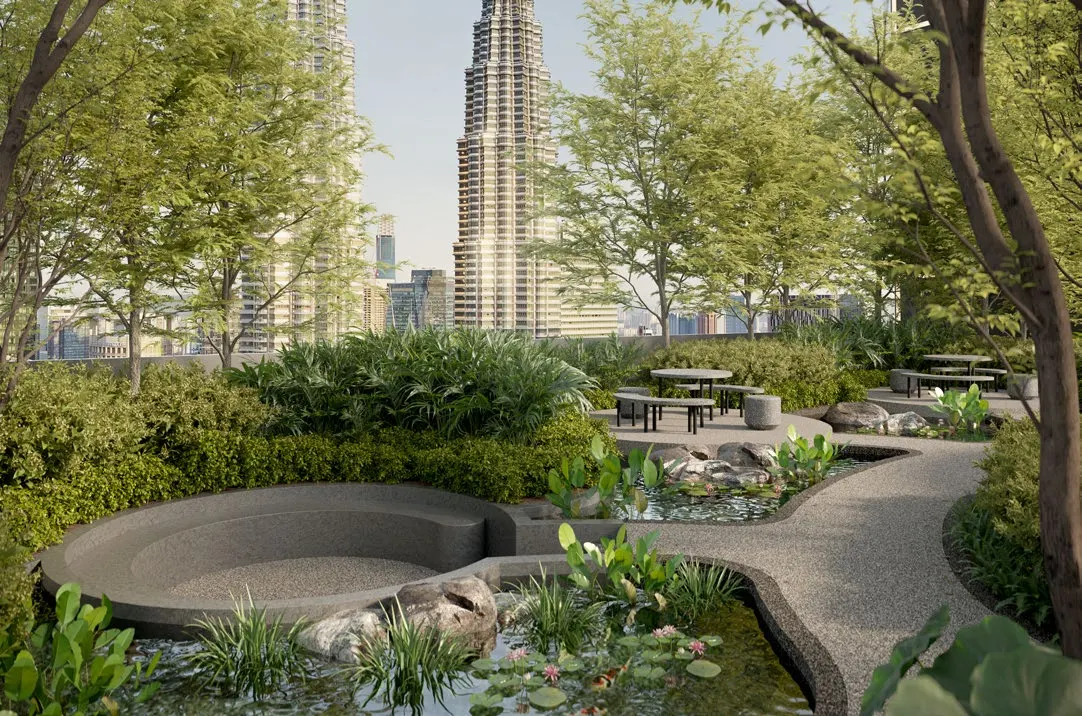 DIVINE KLCC picnic area by a garden pond with the Twin Towers behind, artist's impression