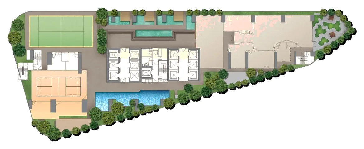 DIVINE KLCC Levels 12 and 13 facilities plan: padel court, courts, kids' pool, gardens and lounges