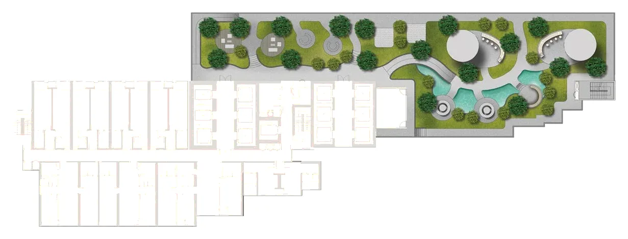 DIVINE KLCC Level 43A facilities plan: tea garden, forest garden, BBQ terrace and water garden