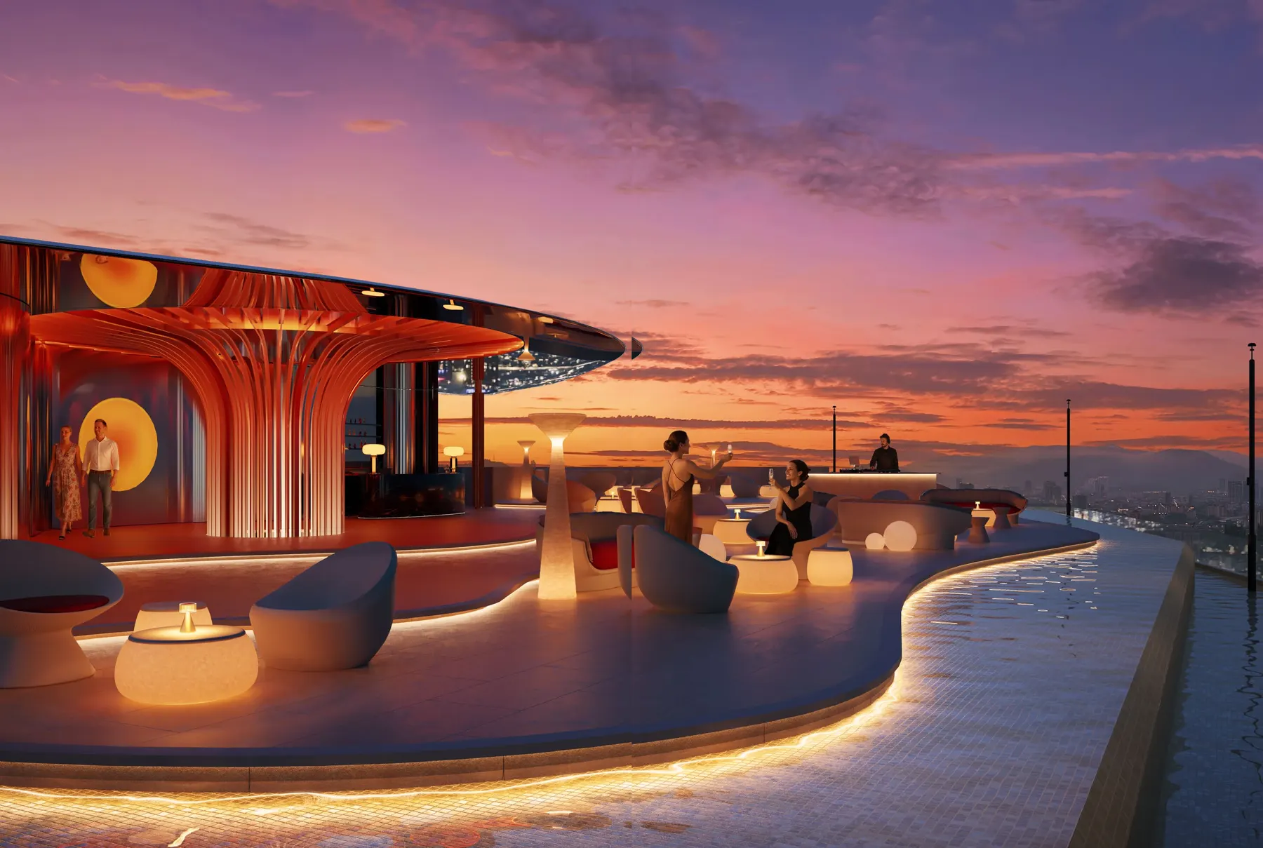 DIVINE KLCC proposed rooftop bar with lounge seating and a curved pool edge at sunset, artist's impression