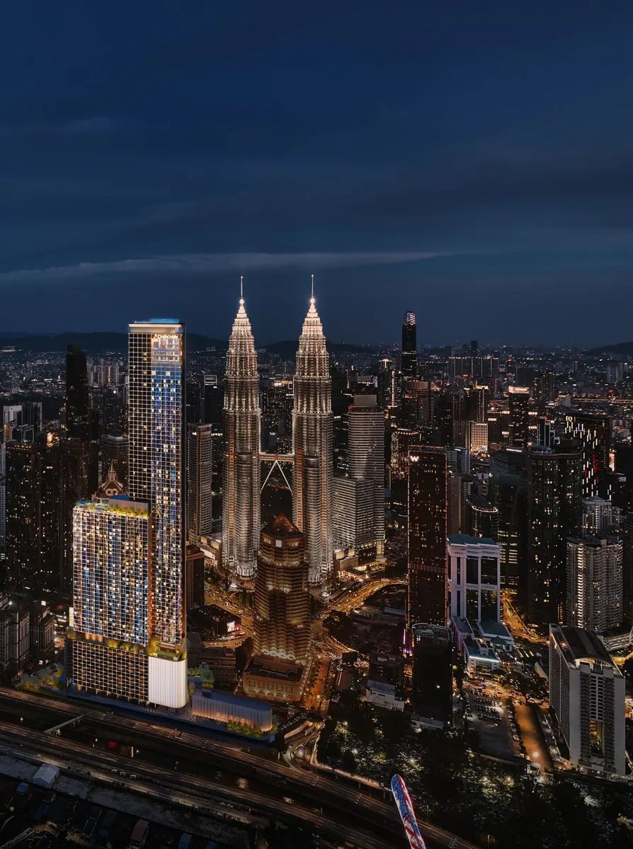 DIVINE KLCC tower lit up at night next to the Petronas Twin Towers, artist's impression