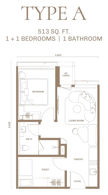 DIVINE KLCC floor plan Type A, 513 sq ft, 1+1 bedrooms, 1 bathroom