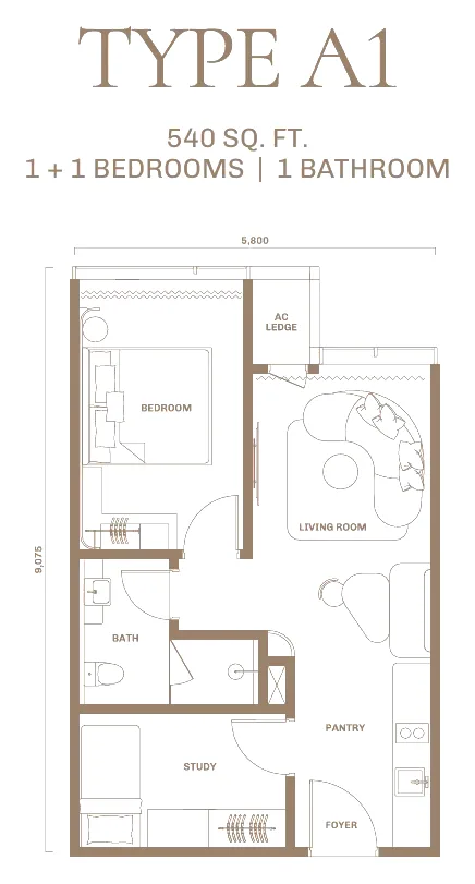 DIVINE KLCC floor plan Type A1, 540 sq ft, 1+1 bedrooms, 1 bathroom