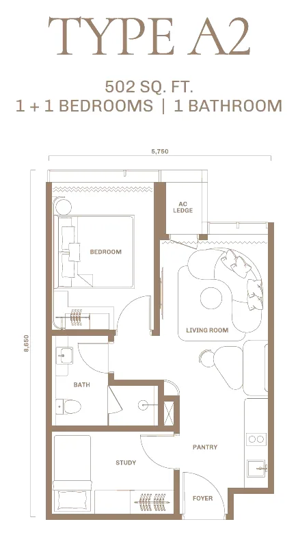 DIVINE KLCC floor plan Type A2, 502 sq ft, 1+1 bedrooms, 1 bathroom