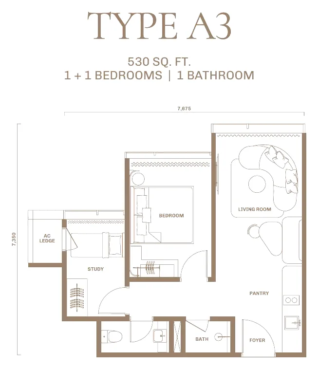 DIVINE KLCC floor plan Type A3, 530 sq ft, 1+1 bedrooms, 1 bathroom