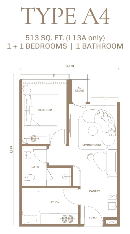 DIVINE KLCC floor plan Type A4, 513 sq ft, 1+1 bedrooms, 1 bathroom, Level 13A only