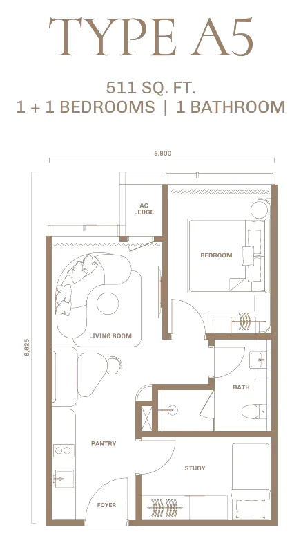 DIVINE KLCC floor plan Type A5, 511 sq ft, 1+1 bedrooms, 1 bathroom