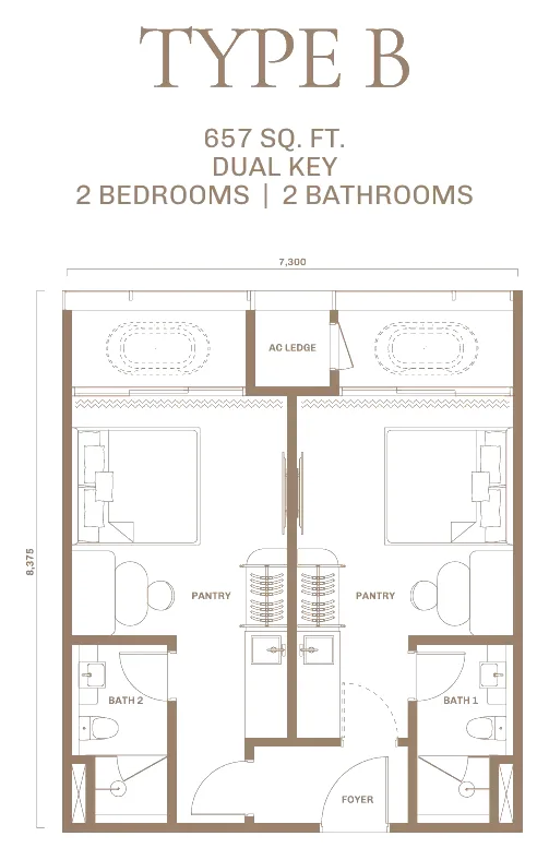 DIVINE KLCC floor plan Type B, 657 sq ft dual-key, 2 bedrooms, 2 bathrooms