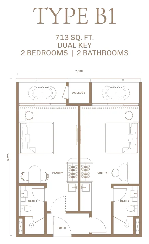 DIVINE KLCC floor plan Type B1, 713 sq ft dual-key, 2 bedrooms, 2 bathrooms