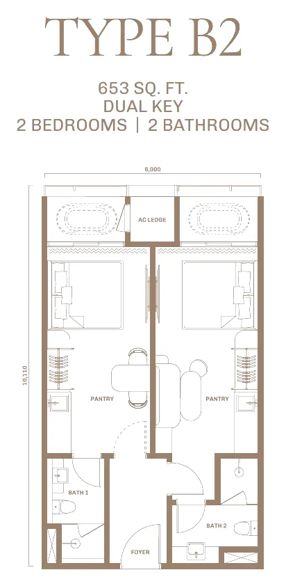 DIVINE KLCC floor plan Type B2, 653 sq ft dual-key, 2 bedrooms, 2 bathrooms