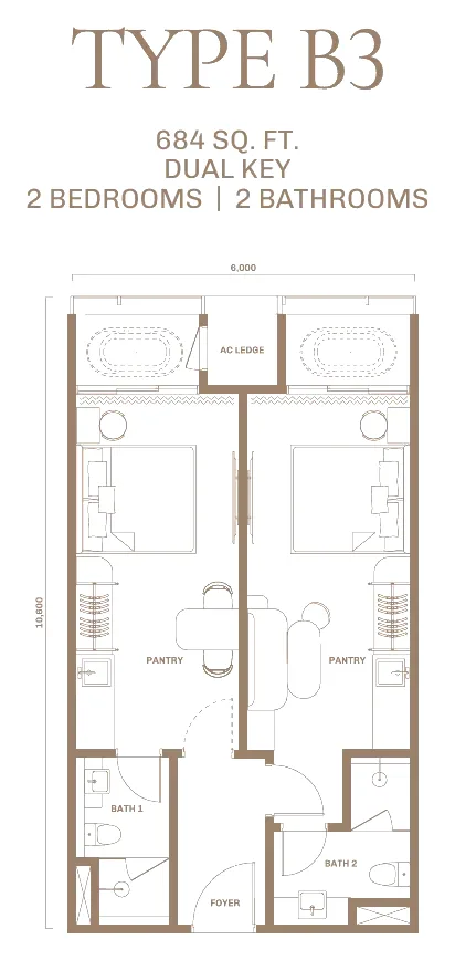 DIVINE KLCC floor plan Type B3, 684 sq ft dual-key, 2 bedrooms, 2 bathrooms