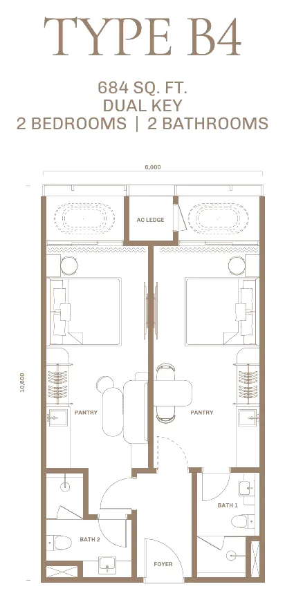 DIVINE KLCC floor plan Type B4, 684 sq ft dual-key, 2 bedrooms, 2 bathrooms