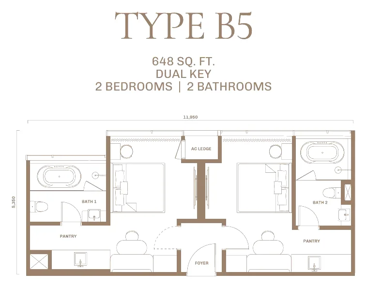 DIVINE KLCC floor plan Type B5, 648 sq ft dual-key, 2 bedrooms, 2 bathrooms