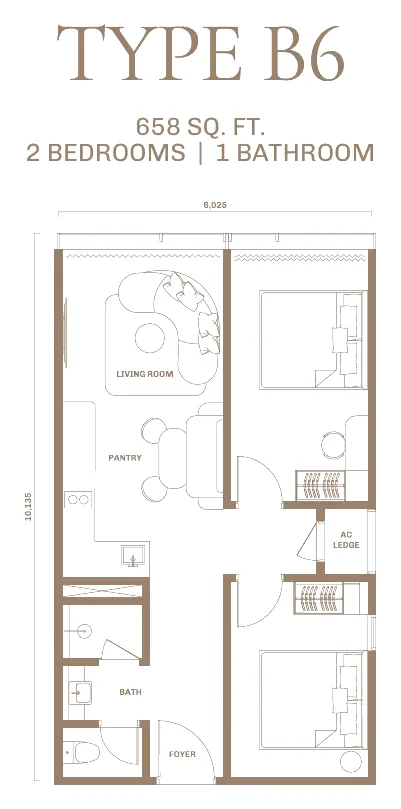 DIVINE KLCC floor plan Type B6, 658 sq ft, 2 bedrooms, 1 bathroom