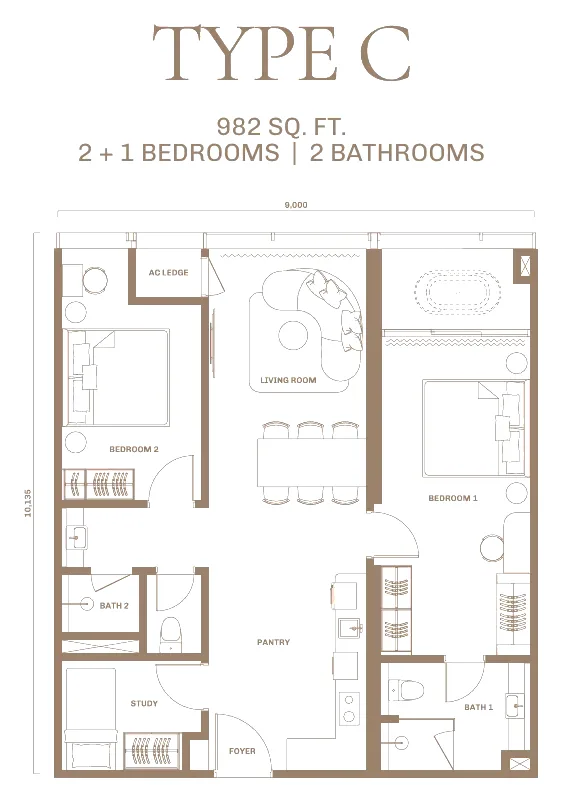 DIVINE KLCC floor plan Type C, 982 sq ft, 2+1 bedrooms, 2 bathrooms