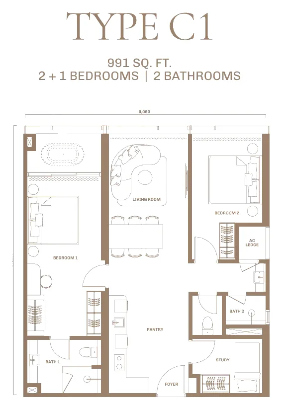 DIVINE KLCC floor plan Type C1, 991 sq ft, 2+1 bedrooms, 2 bathrooms