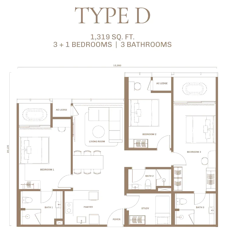 DIVINE KLCC floor plan Type D, 1,319 sq ft, 3+1 bedrooms, 3 bathrooms